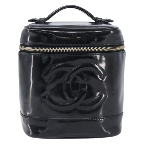 CHANEL COCO Mark Cosmetic Pouch patent Black Gold Tone CC Auth BA16589