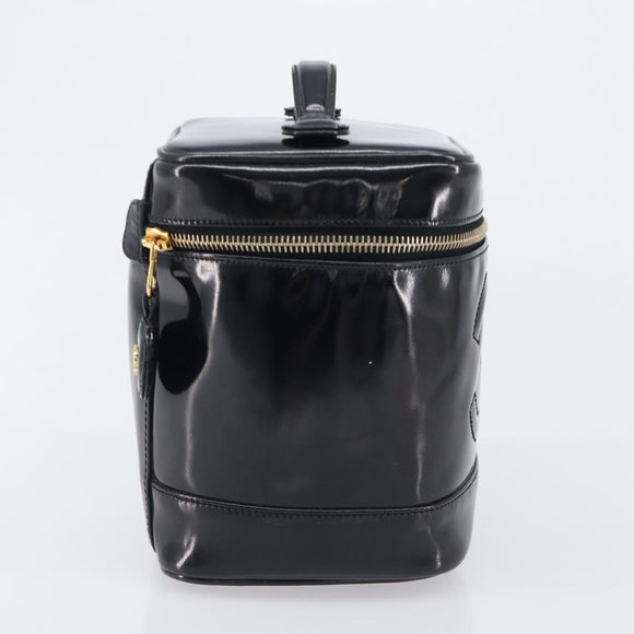CHANEL COCO Mark Cosmetic Pouch patent Black Gold Tone CC Auth BA16589