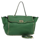VALENTINO Studs Hand Bag Leather 2way Green Gold Auth BA1659V-1