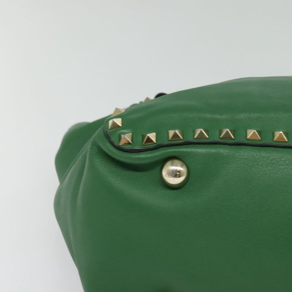 VALENTINO Studs Hand Bag Leather 2way Green Gold Auth BA1659V