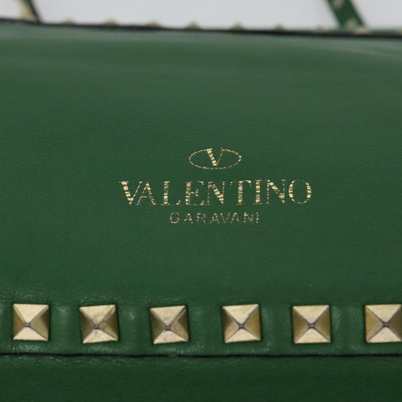 VALENTINO Studs Hand Bag Leather 2way Green Gold Auth BA1659V