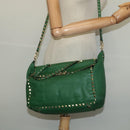 VALENTINO Studs Hand Bag Leather 2way Green Gold Auth BA1659V-23