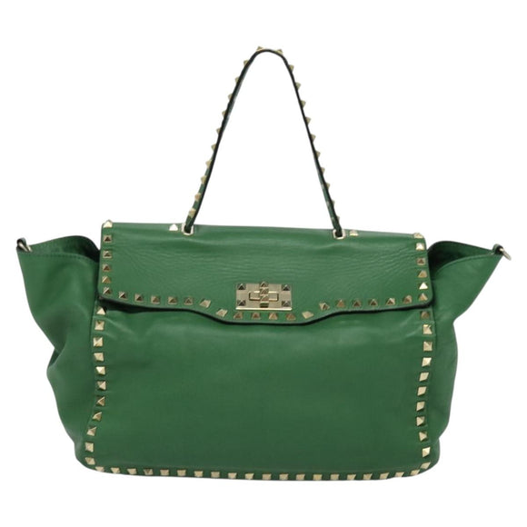 VALENTINO Studs Hand Bag Leather 2way Green Gold Auth BA1659V