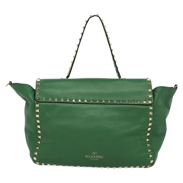 VALENTINO Studs Hand Bag Leather 2way Green Gold Auth BA1659V - 0