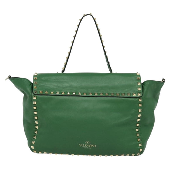 VALENTINO Studs Hand Bag Leather 2way Green Gold Auth BA1659V