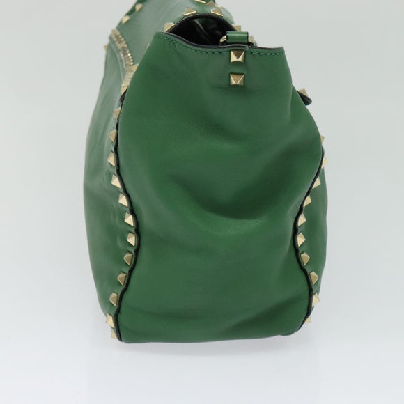 VALENTINO Studs Hand Bag Leather 2way Green Gold Auth BA1659V