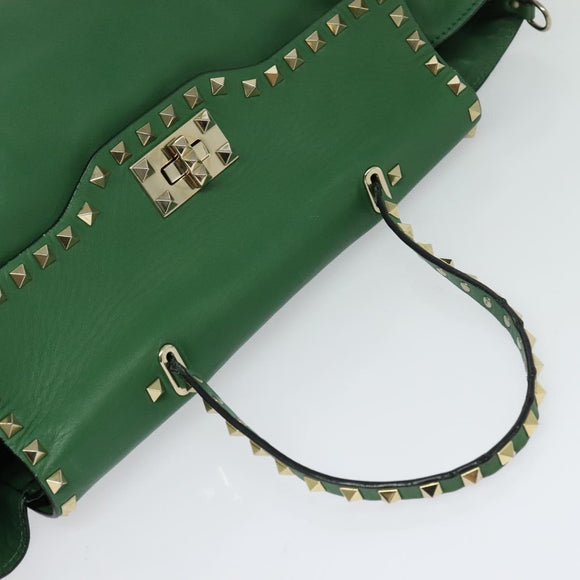 VALENTINO Studs Hand Bag Leather 2way Green Gold Auth BA1659V