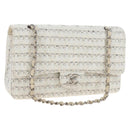 CHANEL Matelasse 25 Double Flap Chain Bag Tweed White Silver Auth BA16596SM-1