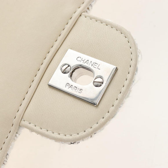 CHANEL Matelasse 25 Double Flap Chain Bag Tweed White Silver Auth BA16596SM