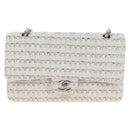 CHANEL Matelasse 25 Double Flap Chain Bag Tweed White Silver Auth BA16596SM-2