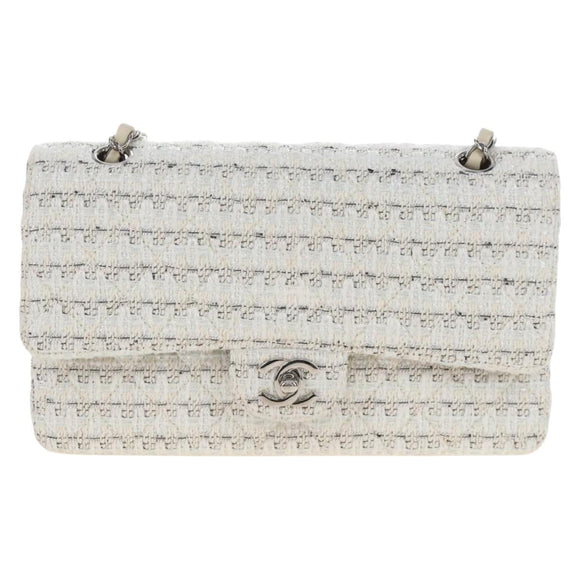 CHANEL Matelasse 25 Double Flap Chain Bag Tweed White Silver Auth BA16596SM