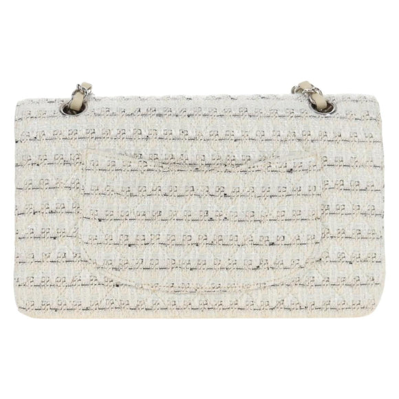 CHANEL Matelasse 25 Double Flap Chain Bag Tweed White Silver Auth BA16596SM