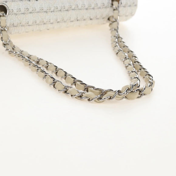 CHANEL Matelasse 25 Double Flap Chain Bag Tweed White Silver Auth BA16596SM