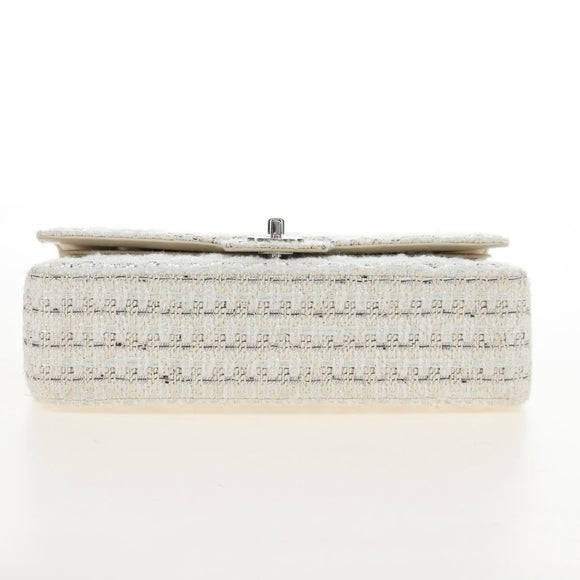 CHANEL Matelasse 25 Double Flap Chain Bag Tweed White Silver Auth BA16596SM