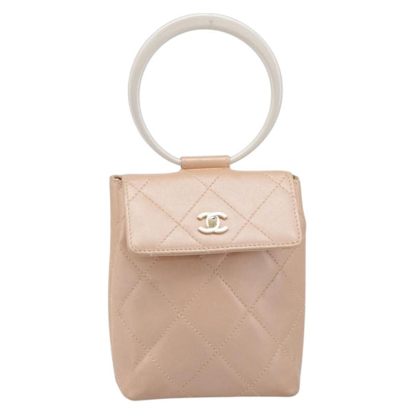 CHANEL Matelasse Hand Bag Leather Beige Gold Tone CC Auth BA16602V