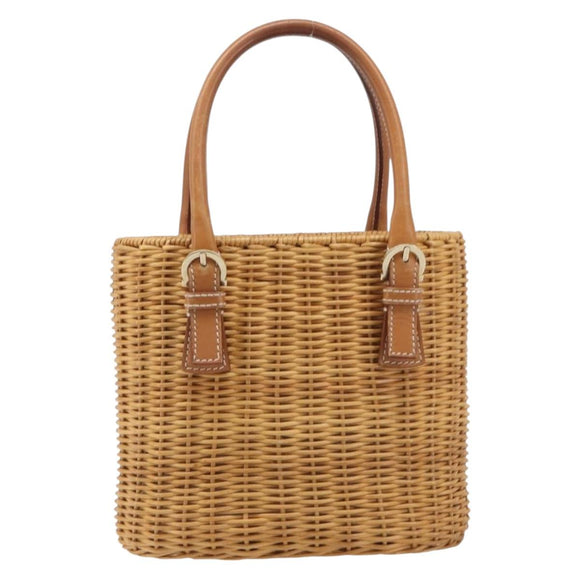 Salvatore Ferragamo Gancini Hand Bag Straw Beige Gold Tone Auth BA16605