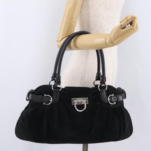Salvatore Ferragamo Gancini Tote Bag Suede Black Silver Auth BA16622V