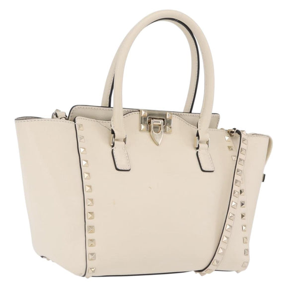 Valentino Rock Studs Tote Bag Leather 2way White Gold Tone Auth BA16624A