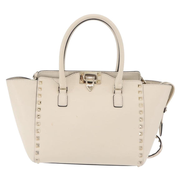 Valentino Rock Studs Tote Bag Leather 2way White Gold Tone Auth BA16624A