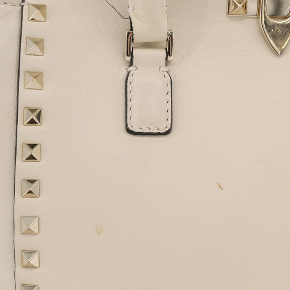 Valentino Rock Studs Tote Bag Leather 2way White Gold Tone Auth BA16624A