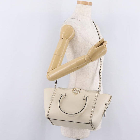 Valentino Rock Studs Tote Bag Leather 2way White Gold Tone Auth BA16624A