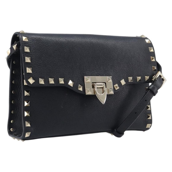 Valentino Rock studs Shoulder Bag Leather Black Gold Tone Auth BA16640A