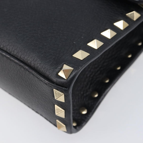 Valentino Rock studs Shoulder Bag Leather Black Gold Tone Auth BA16640A