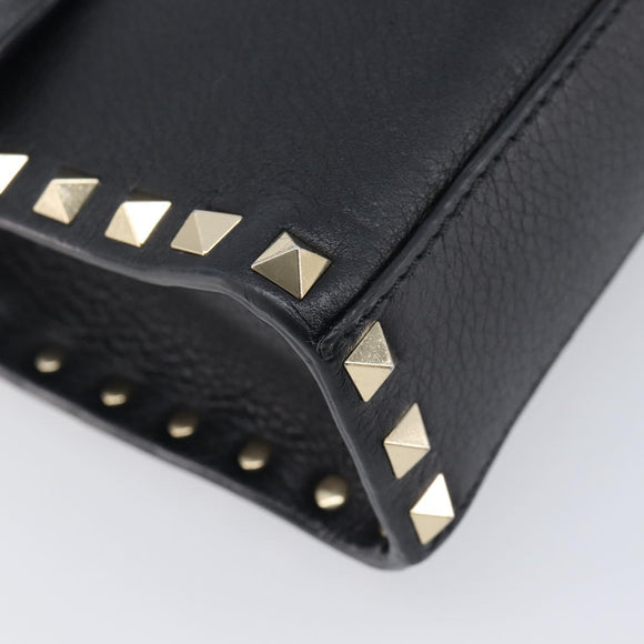 Valentino Rock studs Shoulder Bag Leather Black Gold Tone Auth BA16640A
