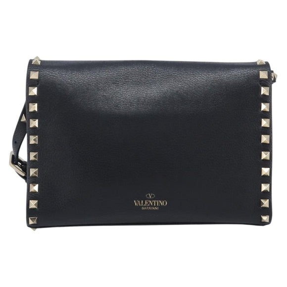 Valentino Rock studs Shoulder Bag Leather Black Gold Tone Auth BA16640A