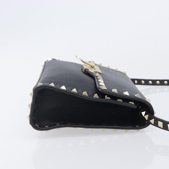 Valentino Rock studs Shoulder Bag Leather Black Gold Tone Auth BA16640A