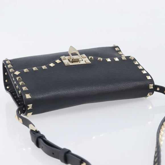Valentino Rock studs Shoulder Bag Leather Black Gold Tone Auth BA16640A