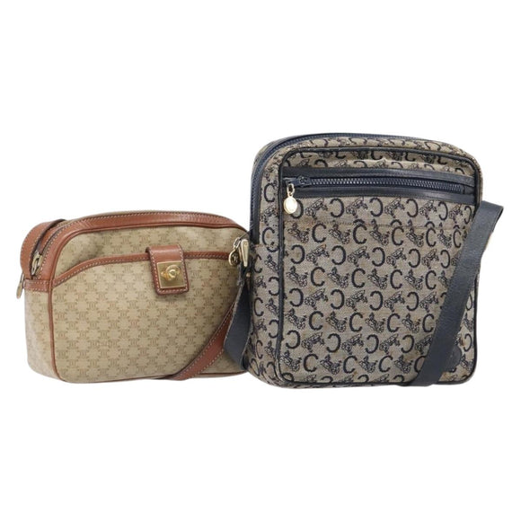 CELINE Macadam C Saruki Shoulder Bag Canvas PVC 2 Set Beige Navy Auth BA16645