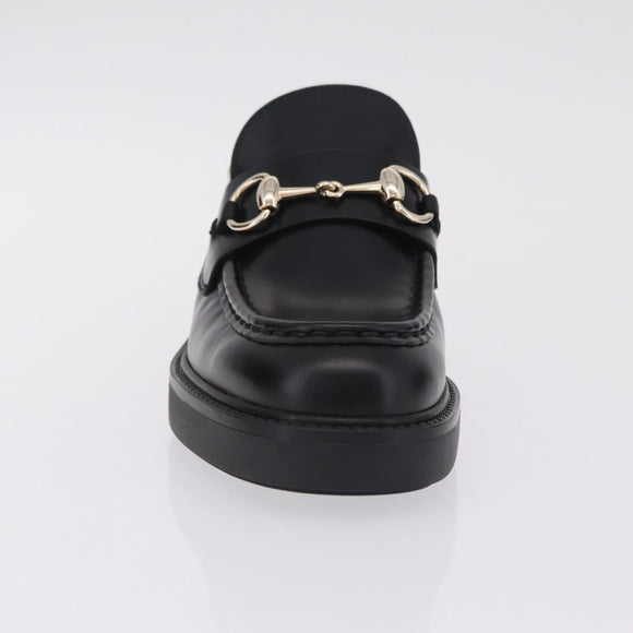 GUCCI Horsebit loafers Leather 37 1/2 Black Silver Auth BA16654M
