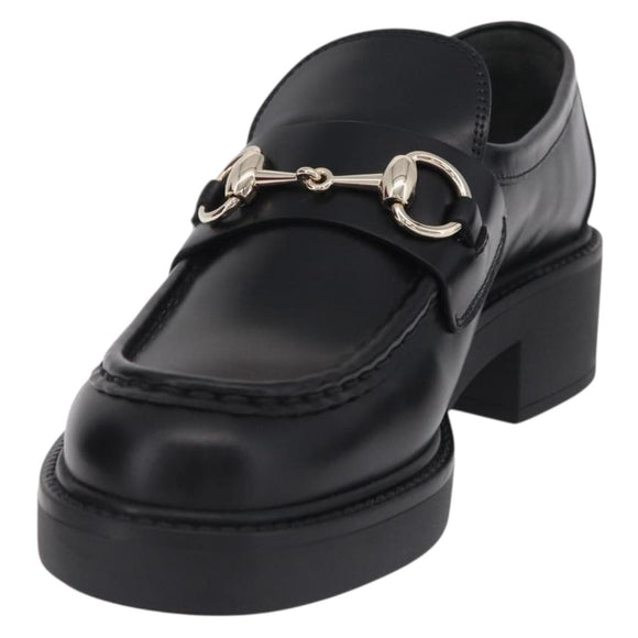 GUCCI Horsebit loafers Leather 37 1/2 Black Silver Auth BA16654M