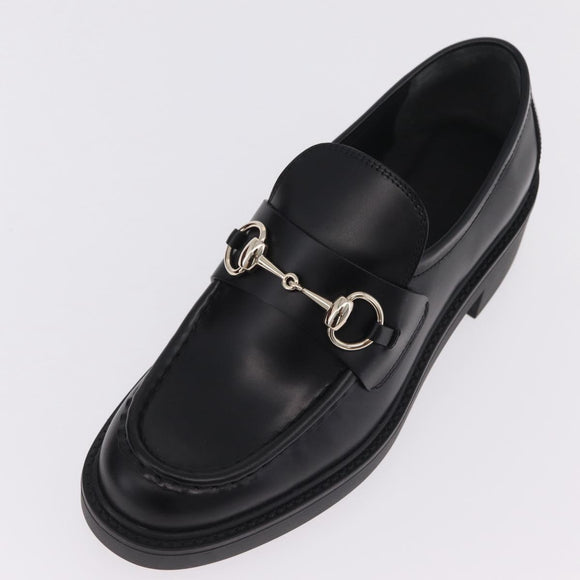 GUCCI Horsebit loafers Leather 37 1/2 Black Silver Auth BA16654M
