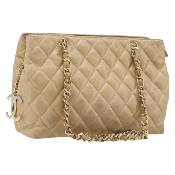 CHANEL Matelasse Chain Shoulder Bag Lamb Skin Beige Gold CC Auth BA16674
