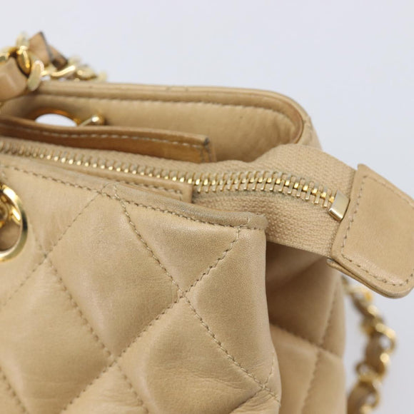 CHANEL Matelasse Chain Shoulder Bag Lamb Skin Beige Gold CC Auth BA16674