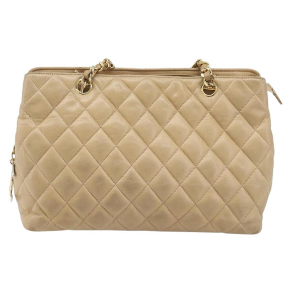 CHANEL Matelasse Chain Shoulder Bag Lamb Skin Beige Gold CC Auth BA16674