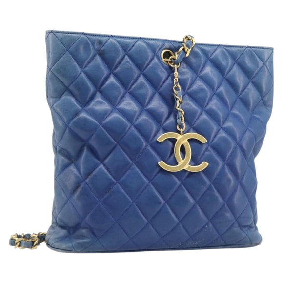 CHANEL Matelasse Chain Shoulder Bag Lamb Skin Blue Gold CC Auth BA16675