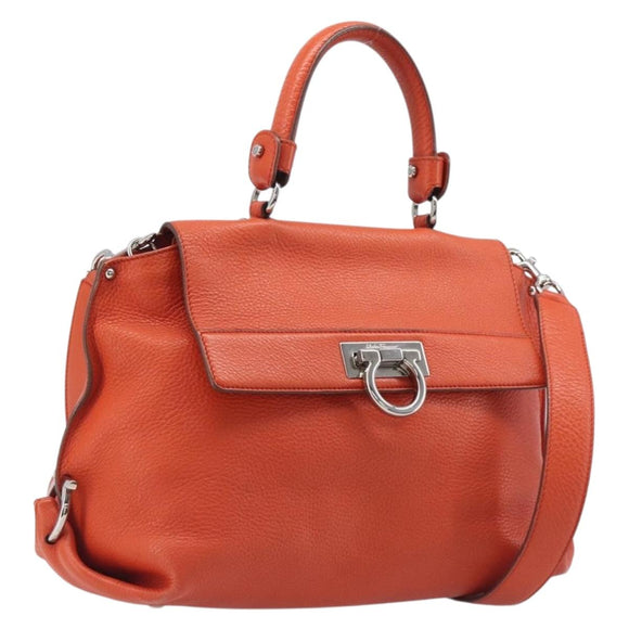 Salvatore Ferragamo Sofia Gancini Bag Leather 2way Orange Silver Auth BA16681A