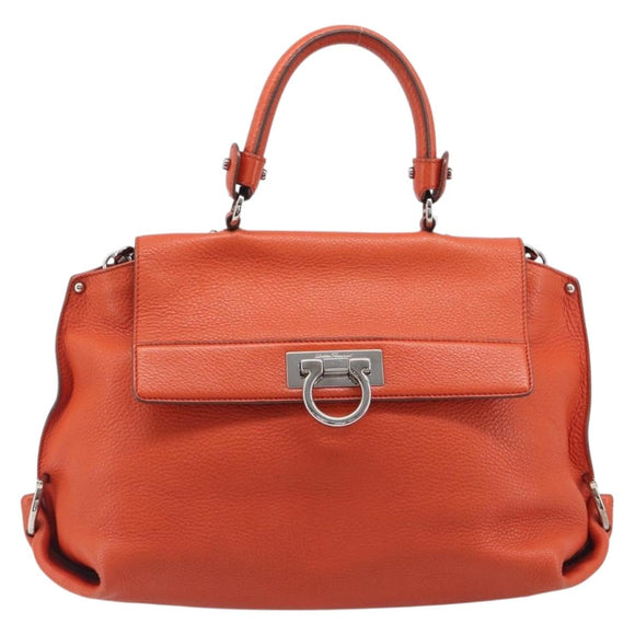 Salvatore Ferragamo Sofia Gancini Bag Leather 2way Orange Silver Auth BA16681A