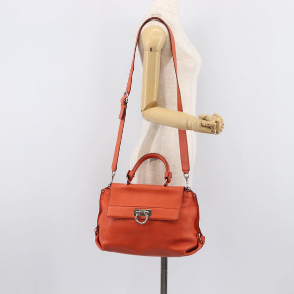 Salvatore Ferragamo Sofia Gancini Bag Leather 2way Orange Silver Auth BA16681A