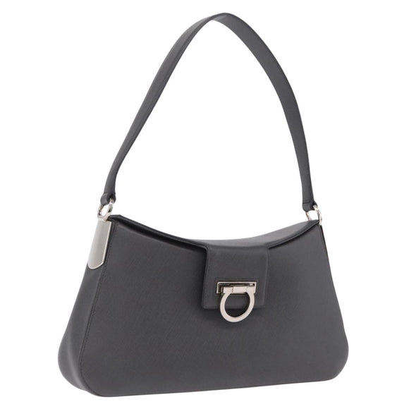 Salvatore Ferragamo Gancini Shoulder Bag Leather Gray Silver Auth BA16687
