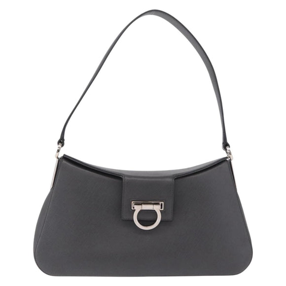 Salvatore Ferragamo Gancini Shoulder Bag Leather Gray Silver Auth BA16687
