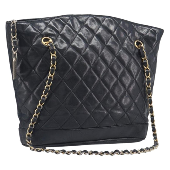 CHANEL Matelasse Chain Shoulder Bag Lamb Skin Black Gold CC Auth BA16693