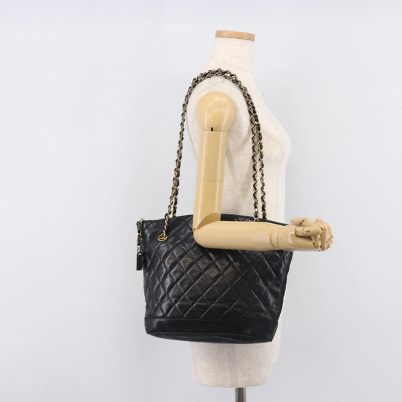 CHANEL Matelasse Chain Shoulder Bag Lamb Skin Black Gold CC Auth BA16693