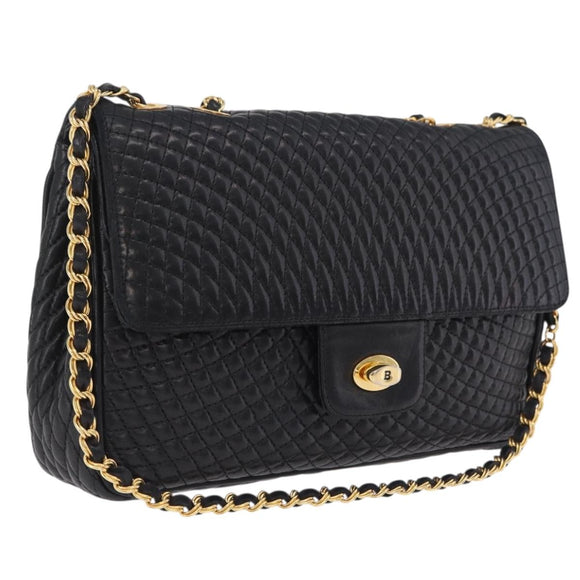Bally Chain Shoulder Bag Leather Black Gold Auth BA16698