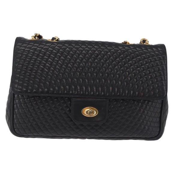 Bally Chain Shoulder Bag Leather Black Gold Auth BA16698