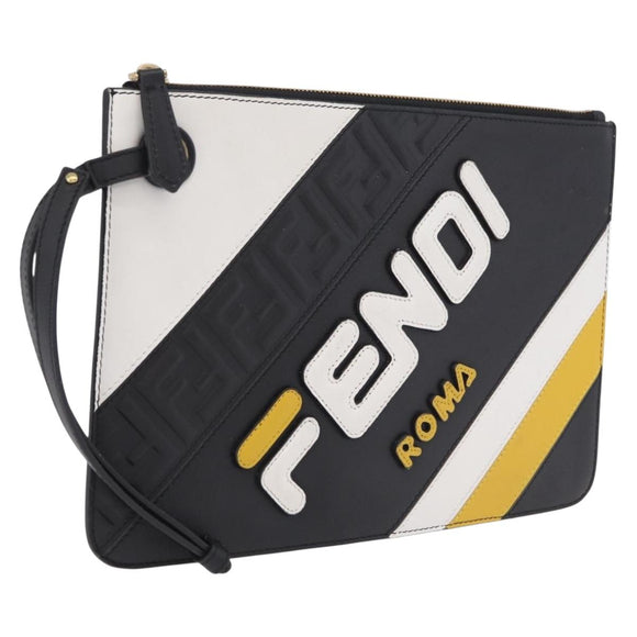 FENDI FILA Collaboration Clutch Bag Leather Black Gold Auth BA16700A