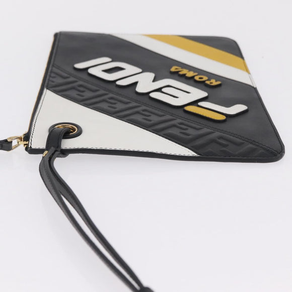 FENDI FILA Collaboration Clutch Bag Leather Black Gold Auth BA16700A